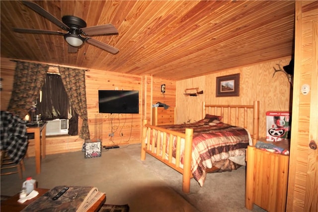 bedroom featuring wooden ceiling and wooden walls