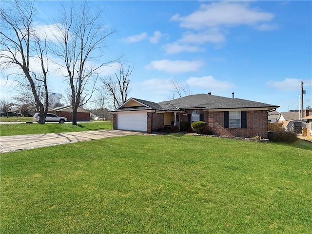 single story home with driveway, a shingled roof, an attached garage, a front lawn, and brick siding