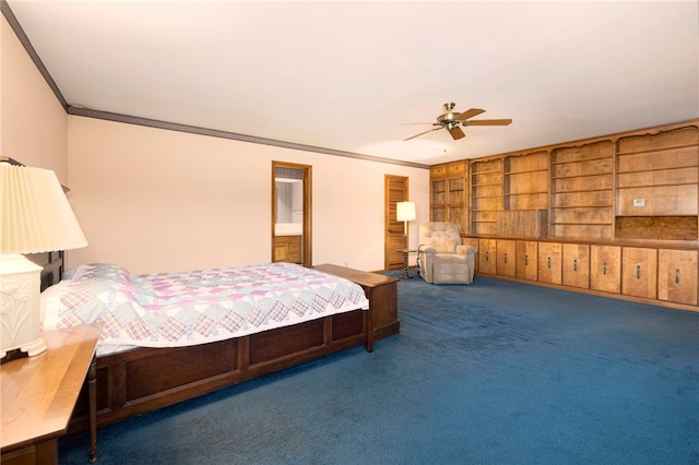 bedroom with ornamental molding, dark carpet, and a ceiling fan