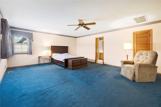 unfurnished bedroom with visible vents, dark carpet, ornamental molding, ceiling fan, and baseboards