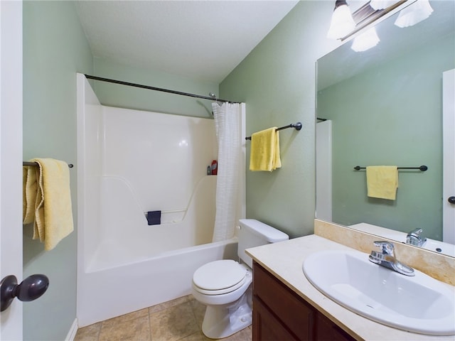 bathroom featuring shower / tub combo, tile patterned flooring, vanity, and toilet