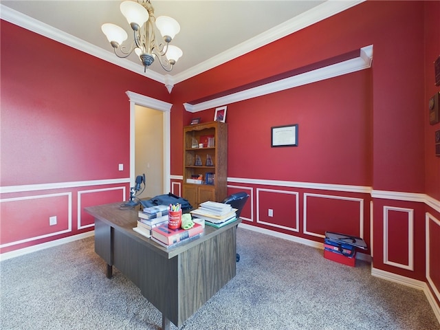 cinema with crown molding, dark carpet, a decorative wall, an inviting chandelier, and wainscoting