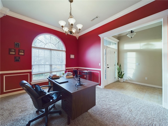 carpeted office featuring tile patterned flooring, a notable chandelier, visible vents, and crown molding