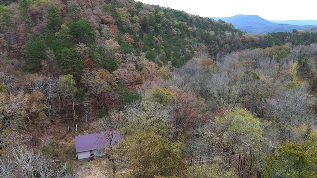 birds eye view of property featuring a mountain view and a view of trees