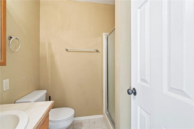 full bath featuring toilet, a stall shower, vanity, and tile patterned floors