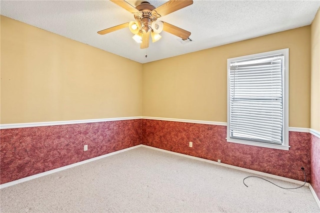 spare room featuring wainscoting, plenty of natural light, a textured ceiling, and carpet flooring