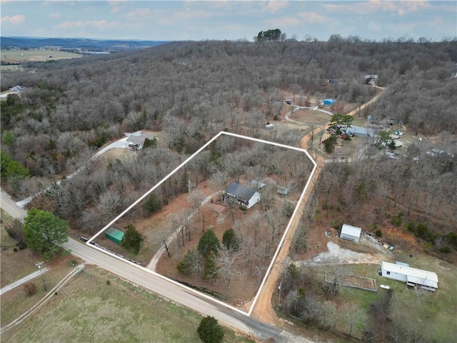 drone / aerial view featuring a forest view and a rural view