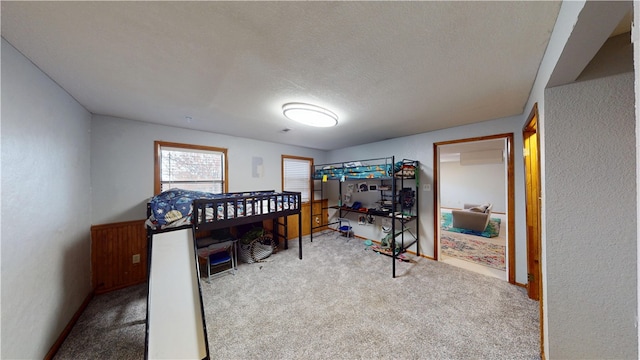 bedroom with carpet, a textured ceiling, and baseboards