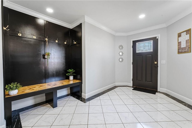 entrance foyer featuring light tile patterned flooring, baseboards, crown molding, and recessed lighting