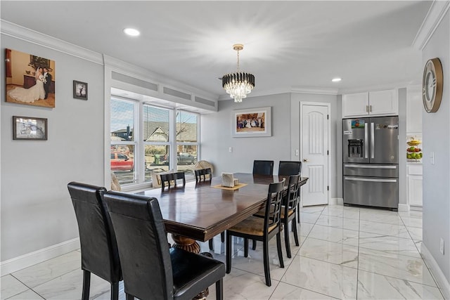 dining area featuring marble finish floor, baseboards, and crown molding