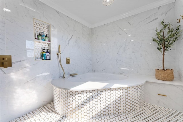 full bath with tile patterned flooring, ornamental molding, and tile walls
