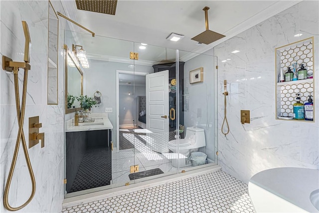 bathroom featuring ornamental molding, a marble finish shower, vanity, and tile walls
