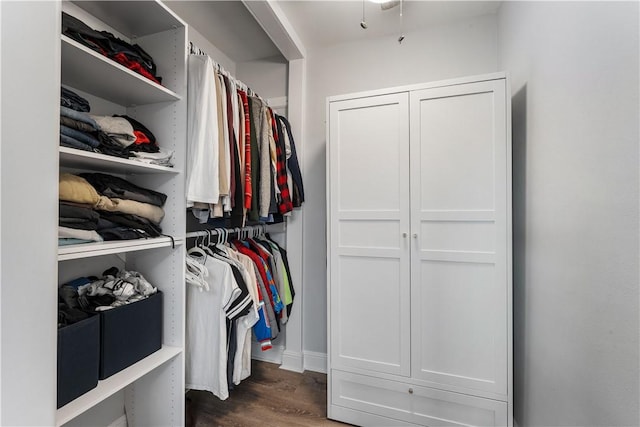 walk in closet with dark wood-type flooring