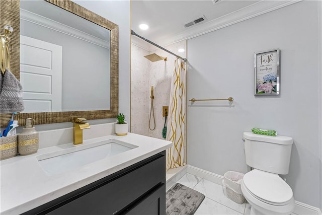 bathroom featuring marble finish floor, toilet, ornamental molding, a stall shower, and vanity