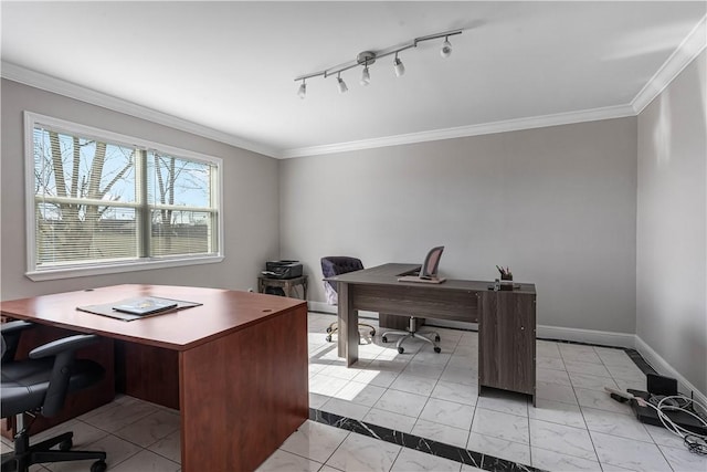 home office featuring marble finish floor, ornamental molding, rail lighting, and baseboards