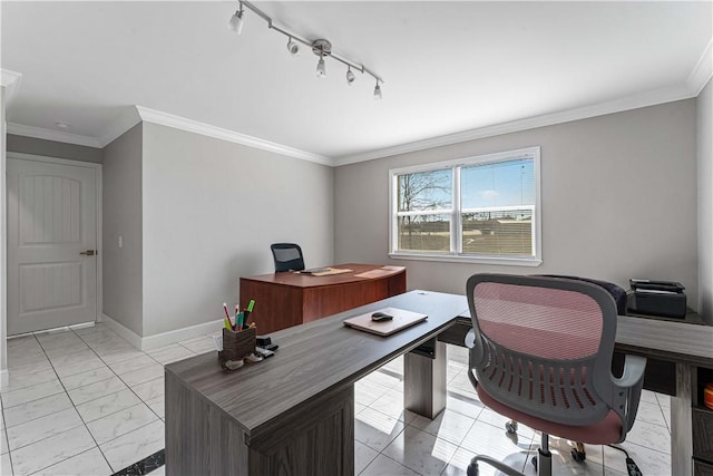 office space featuring ornamental molding, marble finish floor, rail lighting, and baseboards