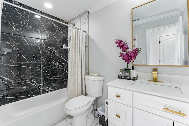 bathroom featuring shower / bath combo, visible vents, toilet, ornamental molding, and vanity