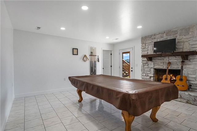 recreation room featuring recessed lighting, pool table, a fireplace, visible vents, and baseboards