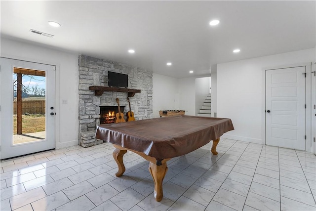 recreation room with light tile patterned floors, billiards, baseboards, a fireplace, and recessed lighting