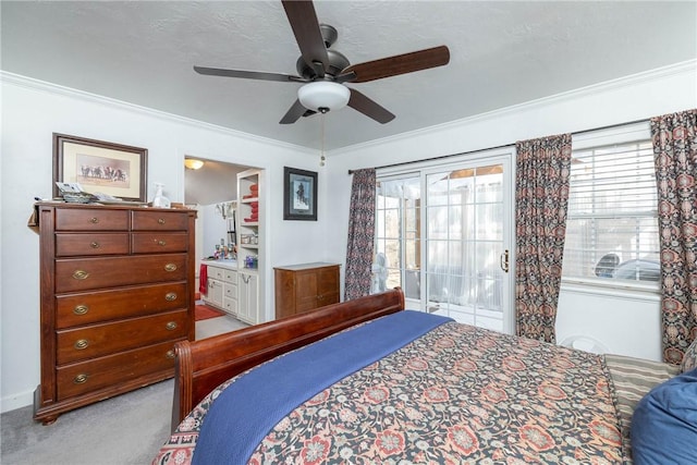 bedroom featuring light carpet, ceiling fan, multiple windows, and ornamental molding