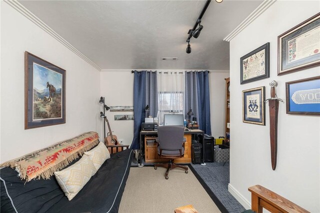 carpeted office with rail lighting, visible vents, and ornamental molding