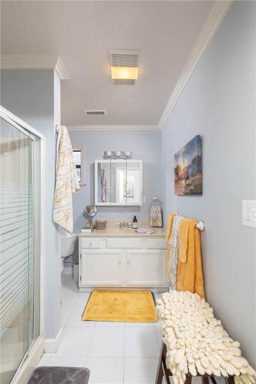 full bath with crown molding, visible vents, a stall shower, vanity, and tile patterned flooring