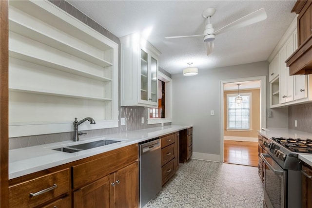 510 W Central Ave, Bentonville, AR 72712 - kitchen with stainless steel appliances, a sink, glass insert cabinets, and white cabinetry