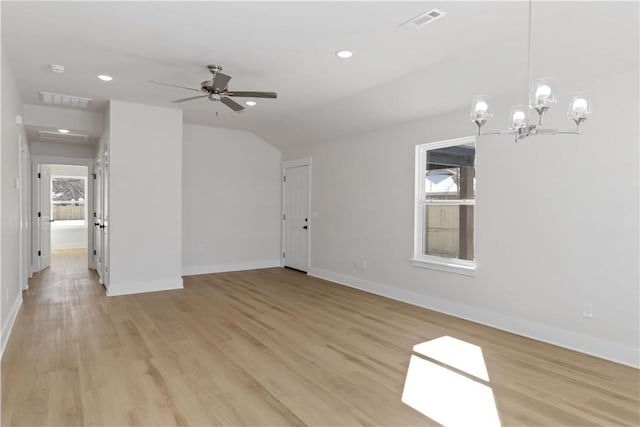 interior space with ceiling fan, recessed lighting, visible vents, baseboards, and light wood finished floors