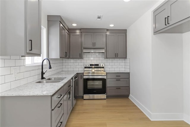 805 S W End St, Springdale, AR 72764 - kitchen featuring stainless steel appliances, gray cabinetry, a sink, light stone counters, and baseboards