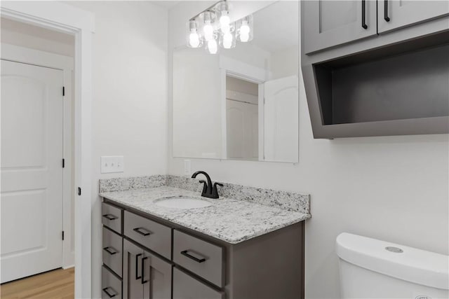 half bath featuring toilet, wood finished floors, and vanity