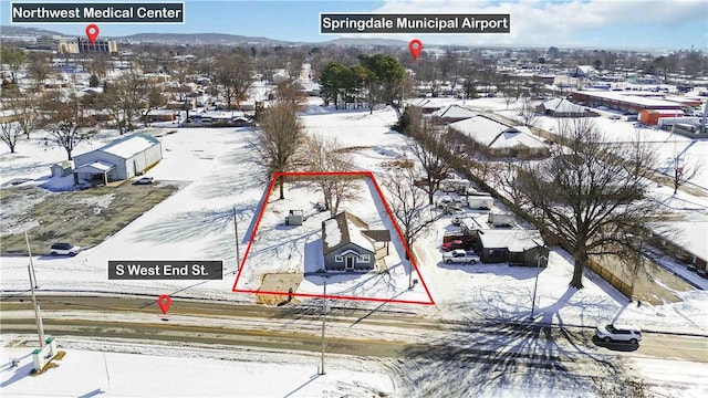 805 S W End St, Springdale, AR 72764 - snowy aerial view featuring property boundaries highlighted