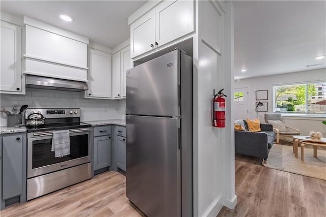 kitchen featuring premium range hood, appliances with stainless steel finishes, light wood-type flooring, and decorative backsplash