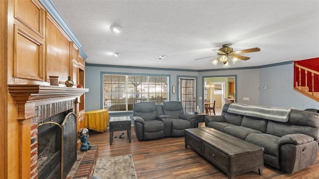 living room with ornamental molding, plenty of natural light, and a fireplace