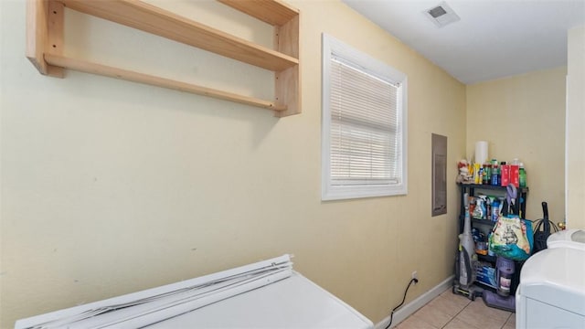 clothes washing area with laundry area, light tile patterned floors, electric panel, baseboards, and visible vents