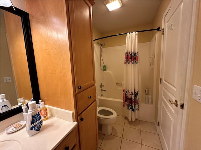 full bath with toilet, shower / bathtub combination with curtain, vanity, and tile patterned floors