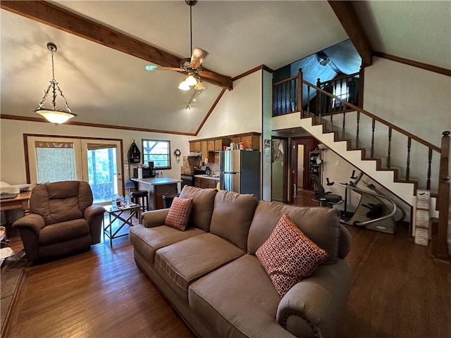 living room featuring crown molding, stairway, wood finished floors, and beamed ceiling