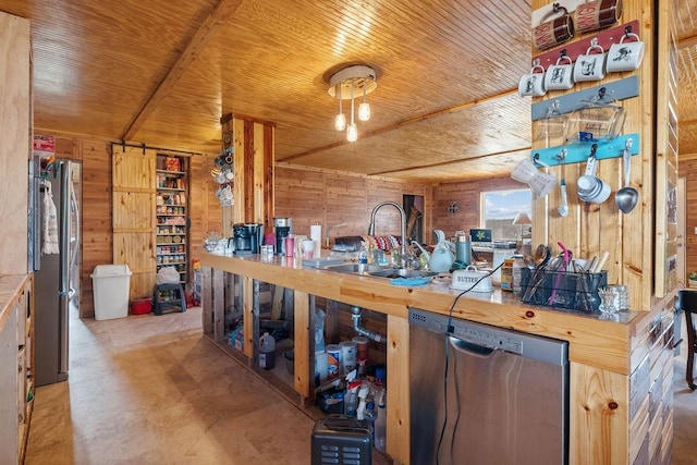 interior space with concrete flooring, wooden ceiling, wood walls, and a sink