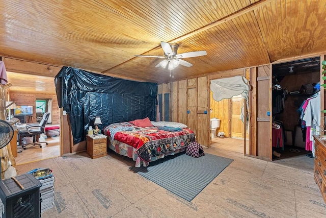 bedroom featuring wood walls, connected bathroom, and wood ceiling