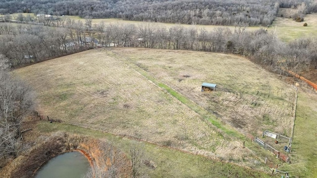 bird's eye view featuring a water view and a rural view