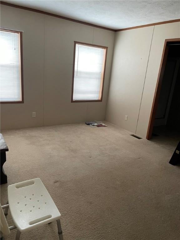 empty room featuring ornamental molding, carpet, visible vents, and plenty of natural light