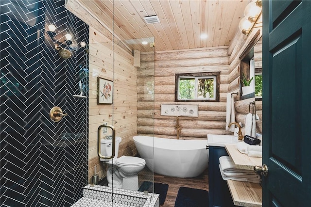 bathroom with a soaking tub, visible vents, toilet, a sink, and wooden ceiling