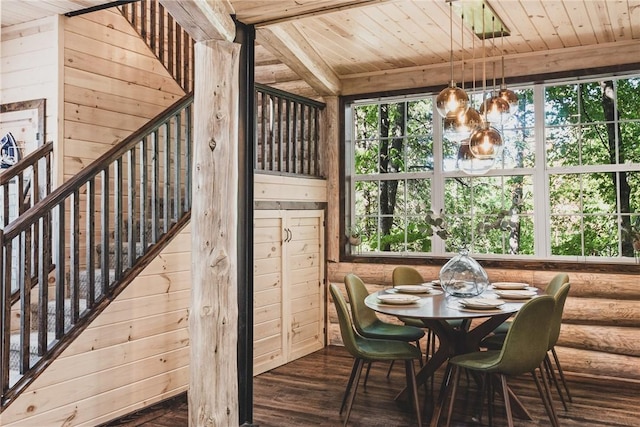 dining space featuring rustic walls, wooden walls, wooden ceiling, dark wood-style flooring, and beam ceiling