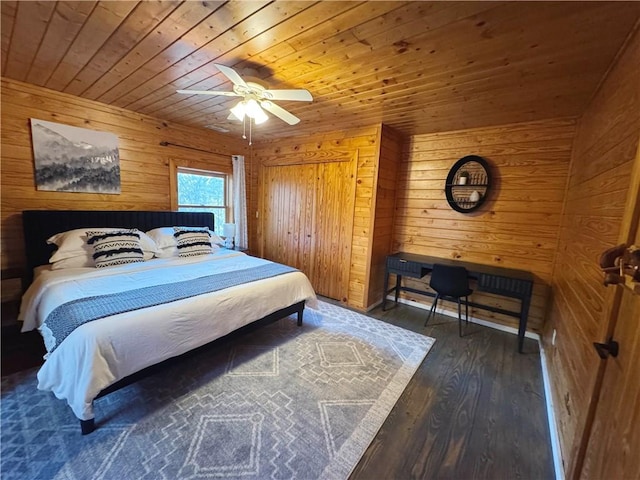 bedroom featuring a ceiling fan, dark wood finished floors, wood ceiling, and wooden walls