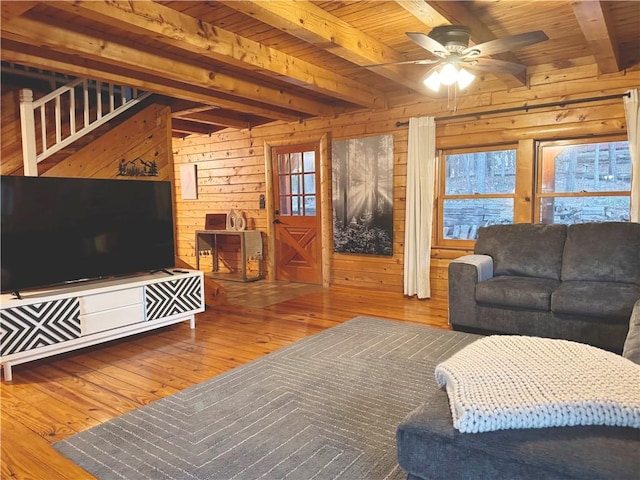 living area with wood ceiling, wooden walls, wood finished floors, and beamed ceiling