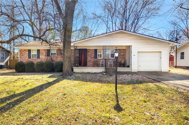 ranch-style house featuring brick siding, covered porch, concrete driveway, an attached garage, and a front yard