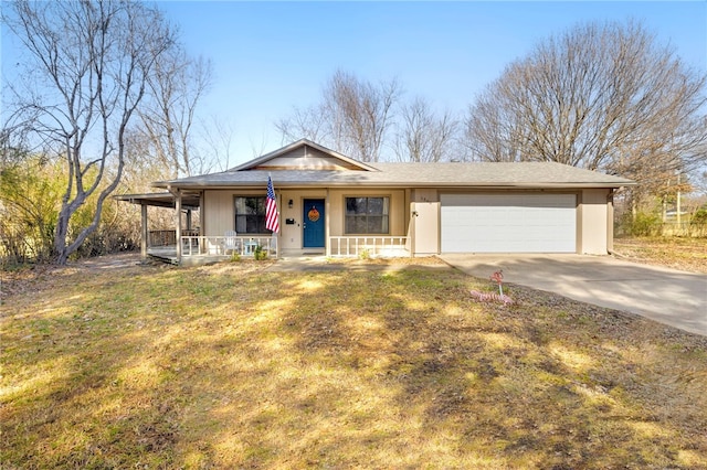 ranch-style home with concrete driveway, a porch, an attached garage, and a front yard