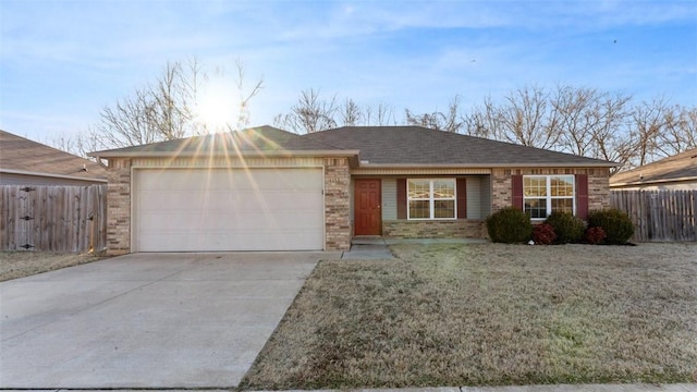 single story home featuring an attached garage, brick siding, a shingled roof, fence, and concrete driveway