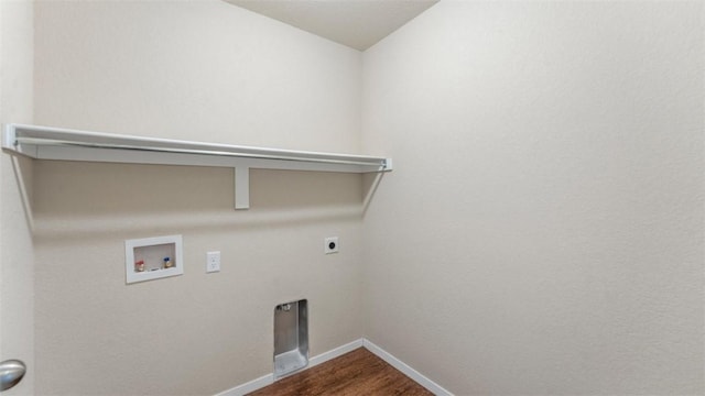 laundry room featuring hookup for a washing machine, hookup for an electric dryer, wood finished floors, laundry area, and baseboards