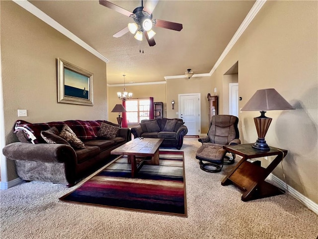 carpeted living room featuring baseboards, crown molding, and ceiling fan with notable chandelier