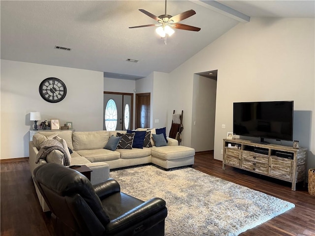 living room featuring vaulted ceiling with beams, ceiling fan, visible vents, and dark wood finished floors